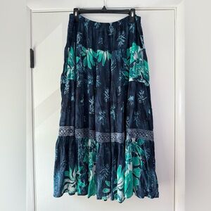 Carole Little Peasant Skirt Midi Maxi Bohemian Blue Green Floral Crochet Size 16